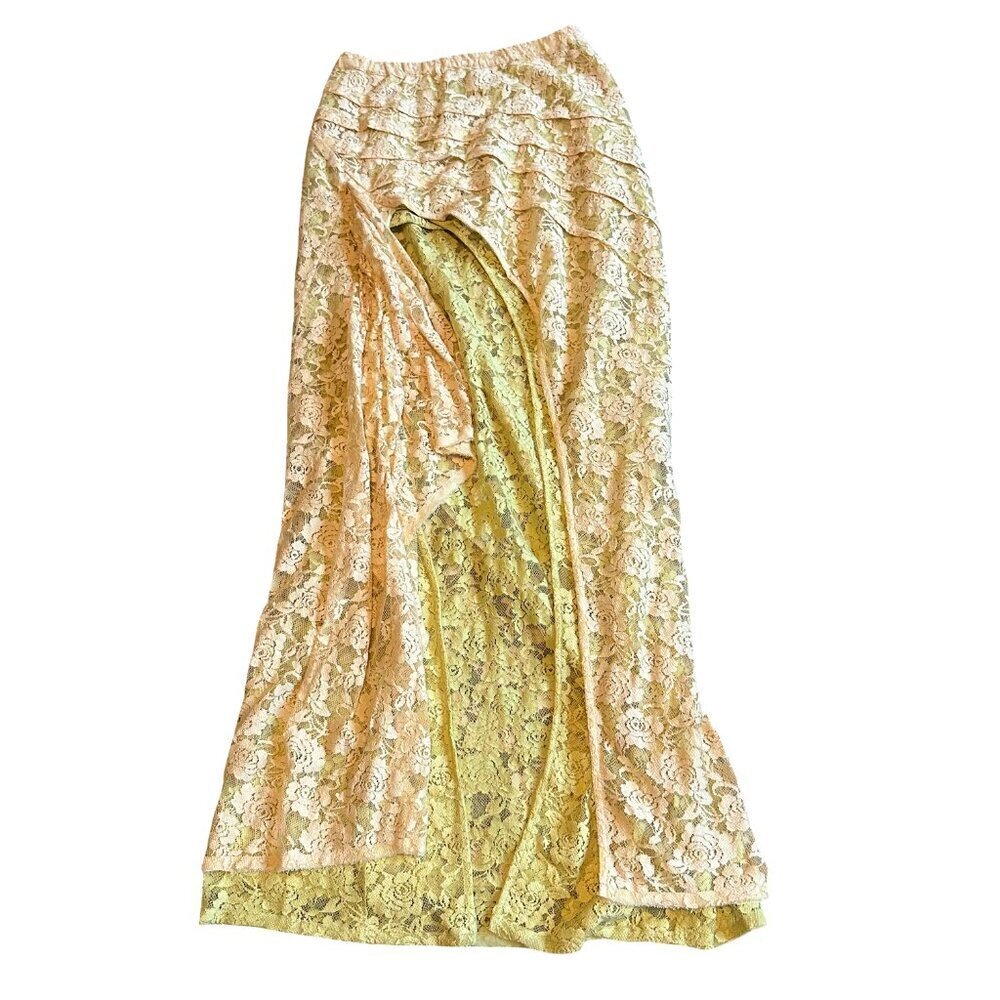 Free People FP One Solene Creme Peach High Low Maxi Skirt Stretch Lace Med NWT - Picture 2 of 14